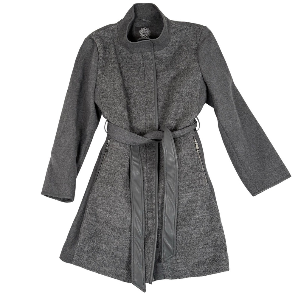 Vince Camuto Wool High Neck Belted PU Trim Coat Womens XXL‎ Gray